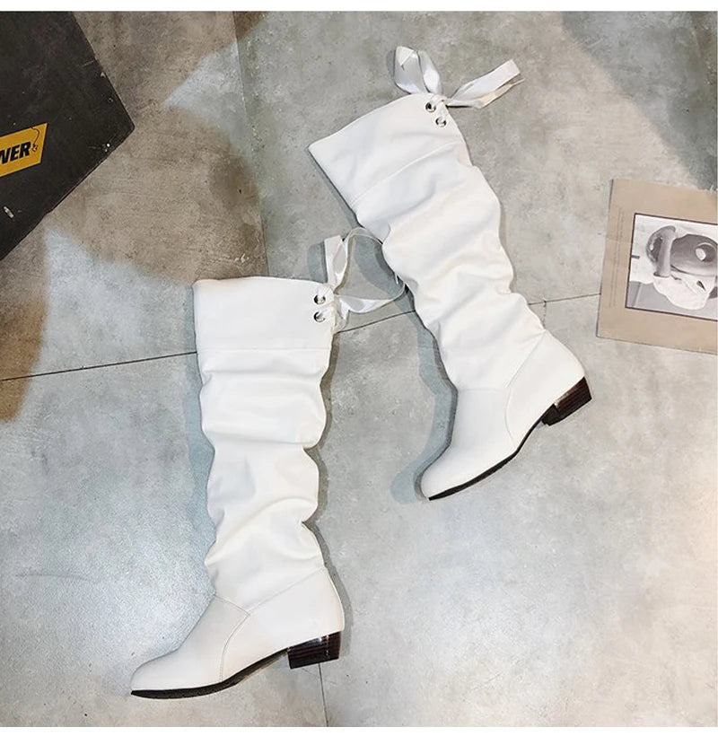 2023Shoes For Women Knee High Boots Red Black White Tall Boots Woman Pleated Low Heel Casual Leather Female Long Shoes