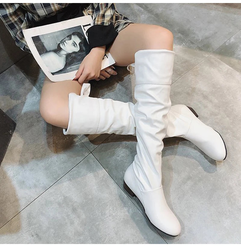2023Shoes For Women Knee High Boots Red Black White Tall Boots Woman Pleated Low Heel Casual Leather Female Long Shoes