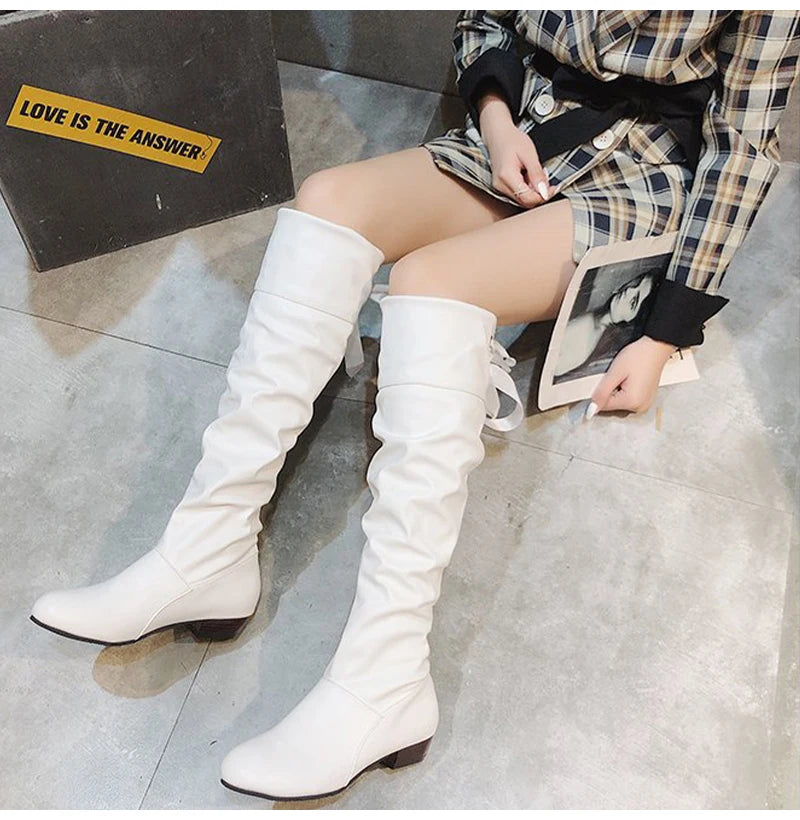 2023Shoes For Women Knee High Boots Red Black White Tall Boots Woman Pleated Low Heel Casual Leather Female Long Shoes