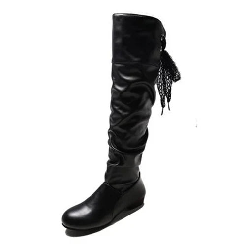 2023Shoes For Women Knee High Boots Red Black White Tall Boots Woman Pleated Low Heel Casual Leather Female Long Shoes