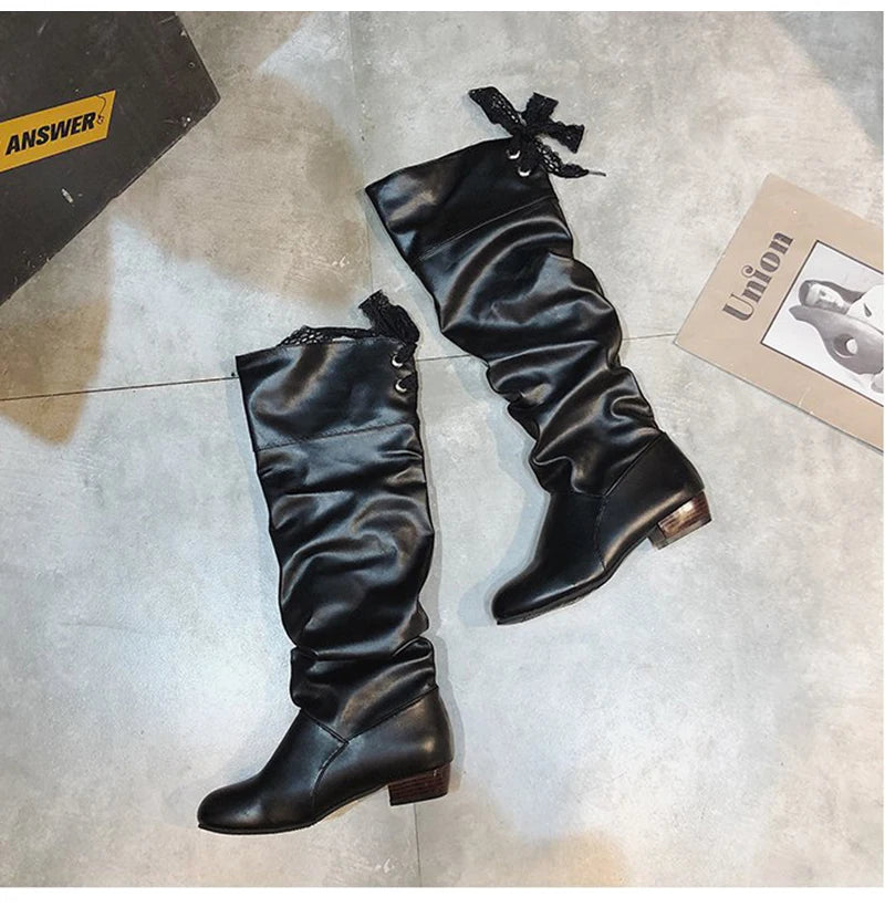 2023Shoes For Women Knee High Boots Red Black White Tall Boots Woman Pleated Low Heel Casual Leather Female Long Shoes