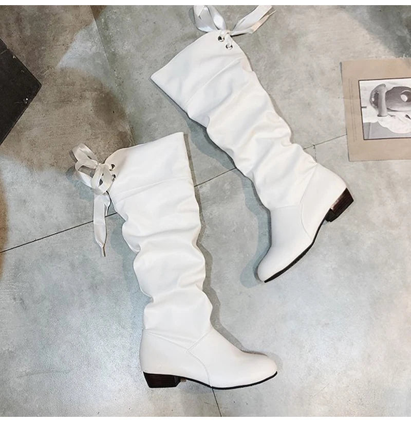 2023Shoes For Women Knee High Boots Red Black White Tall Boots Woman Pleated Low Heel Casual Leather Female Long Shoes