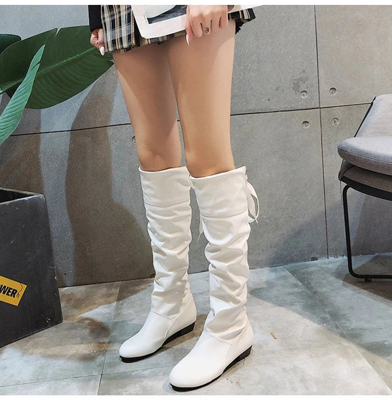 2023Shoes For Women Knee High Boots Red Black White Tall Boots Woman Pleated Low Heel Casual Leather Female Long Shoes