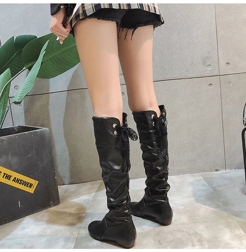 2023Shoes For Women Knee High Boots Red Black White Tall Boots Woman Pleated Low Heel Casual Leather Female Long Shoes
