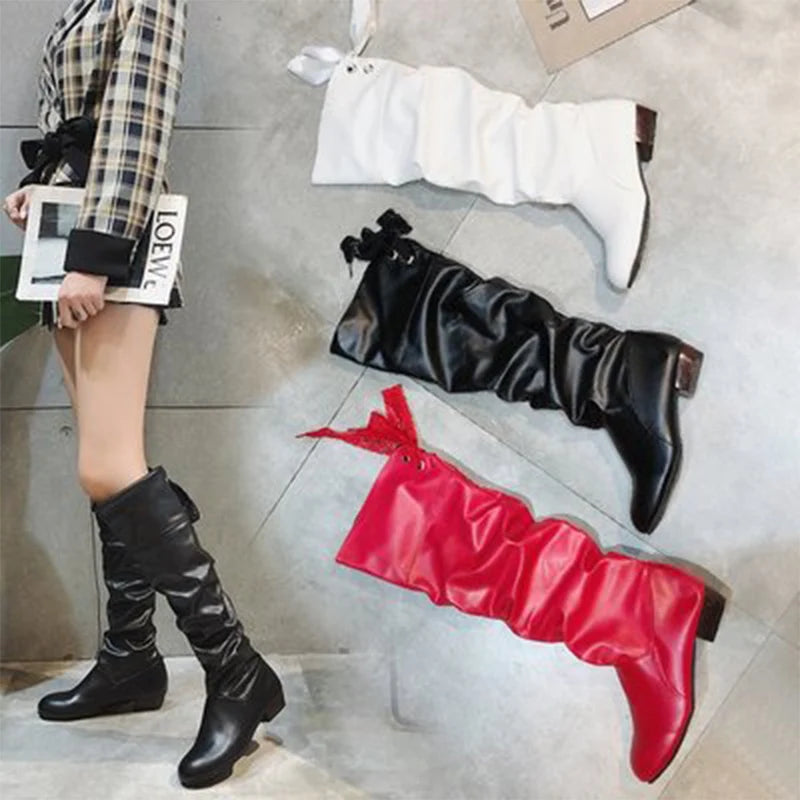 2023Shoes For Women Knee High Boots Red Black White Tall Boots Woman Pleated Low Heel Casual Leather Female Long Shoes