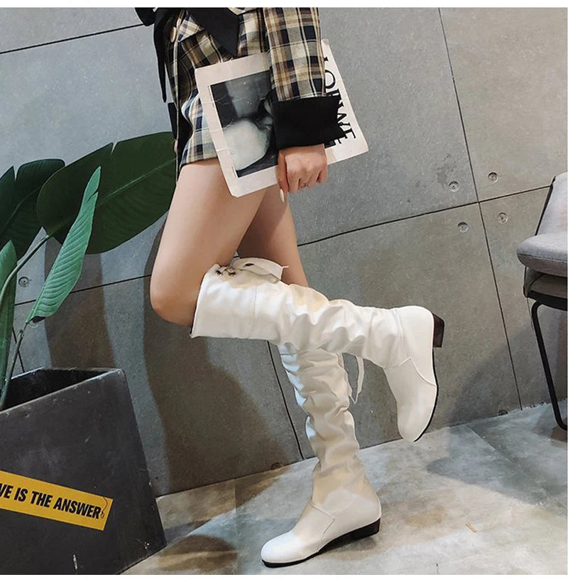 2023Shoes For Women Knee High Boots Red Black White Tall Boots Woman Pleated Low Heel Casual Leather Female Long Shoes