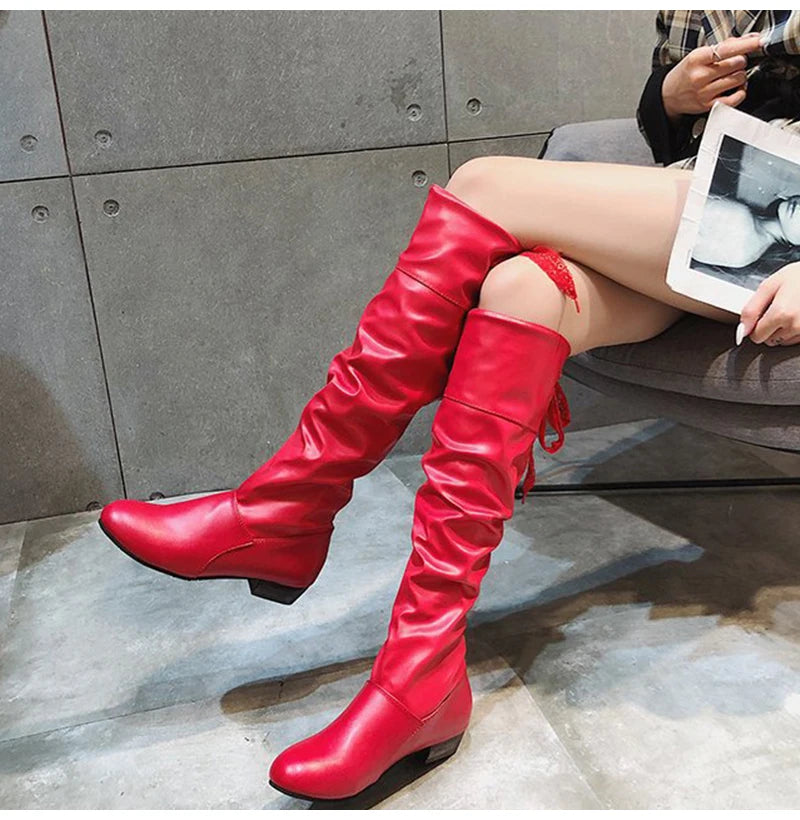 2023Shoes For Women Knee High Boots Red Black White Tall Boots Woman Pleated Low Heel Casual Leather Female Long Shoes