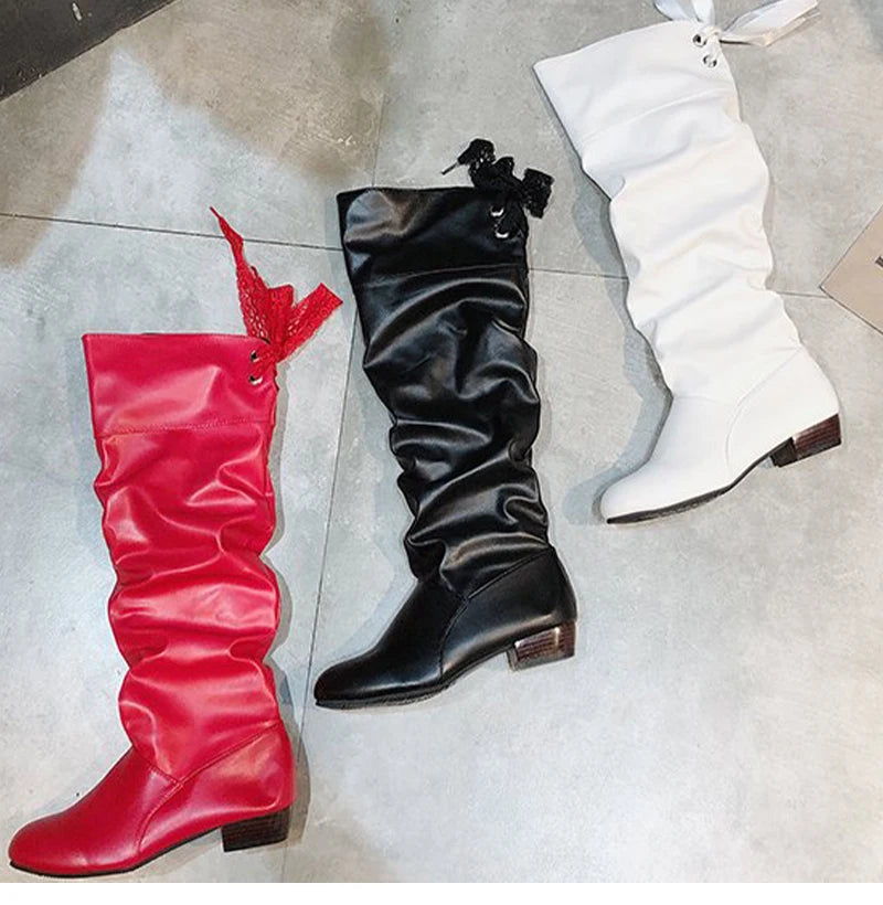 2023Shoes For Women Knee High Boots Red Black White Tall Boots Woman Pleated Low Heel Casual Leather Female Long Shoes