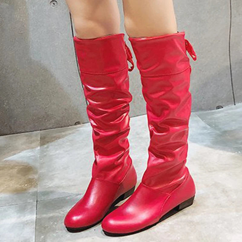 2023Shoes For Women Knee High Boots Red Black White Tall Boots Woman Pleated Low Heel Casual Leather Female Long Shoes