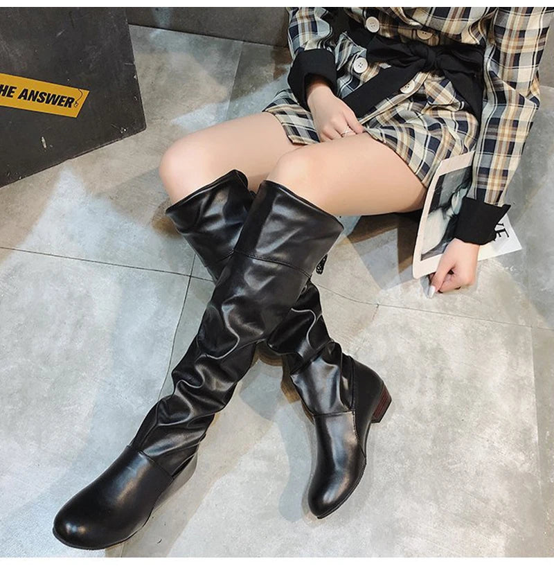 2023Shoes For Women Knee High Boots Red Black White Tall Boots Woman Pleated Low Heel Casual Leather Female Long Shoes