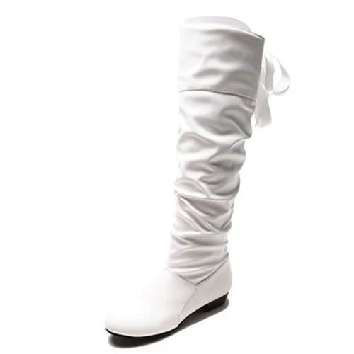 2023Shoes For Women  Knee High Boots Red Black White Tall Boots Woman Pleated Low Heel Casual Leather Female Long Shoes